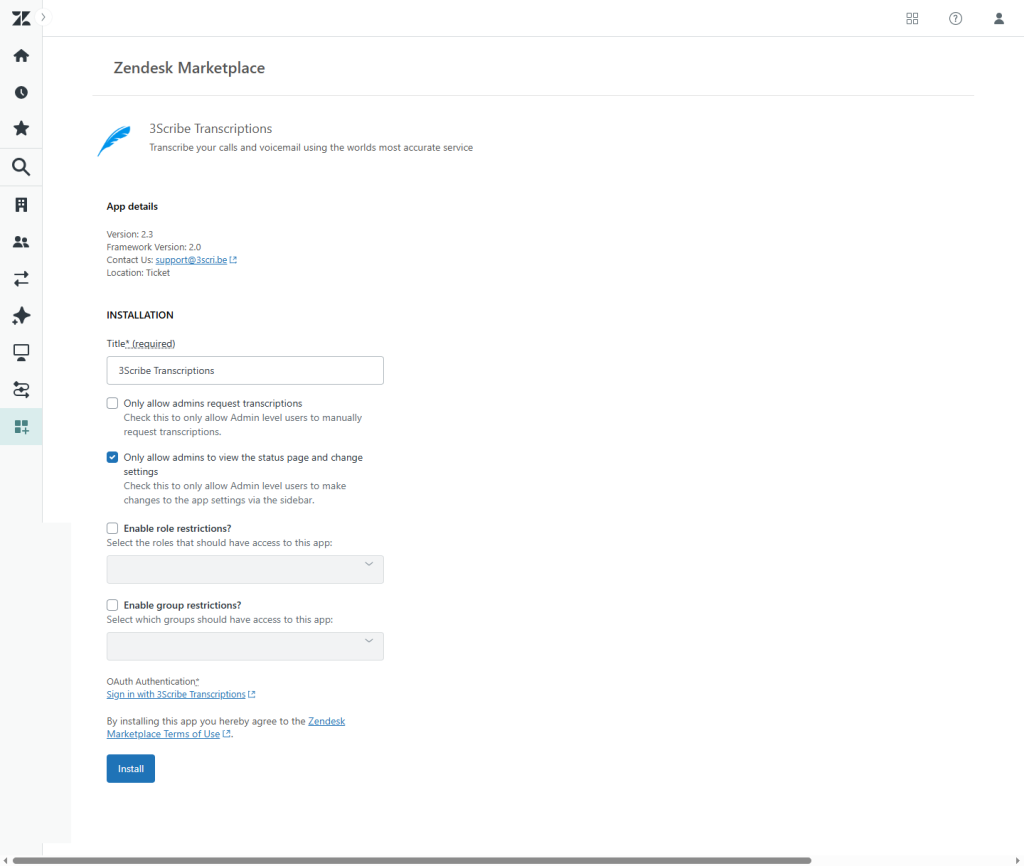 Zendesk App Installation Page
